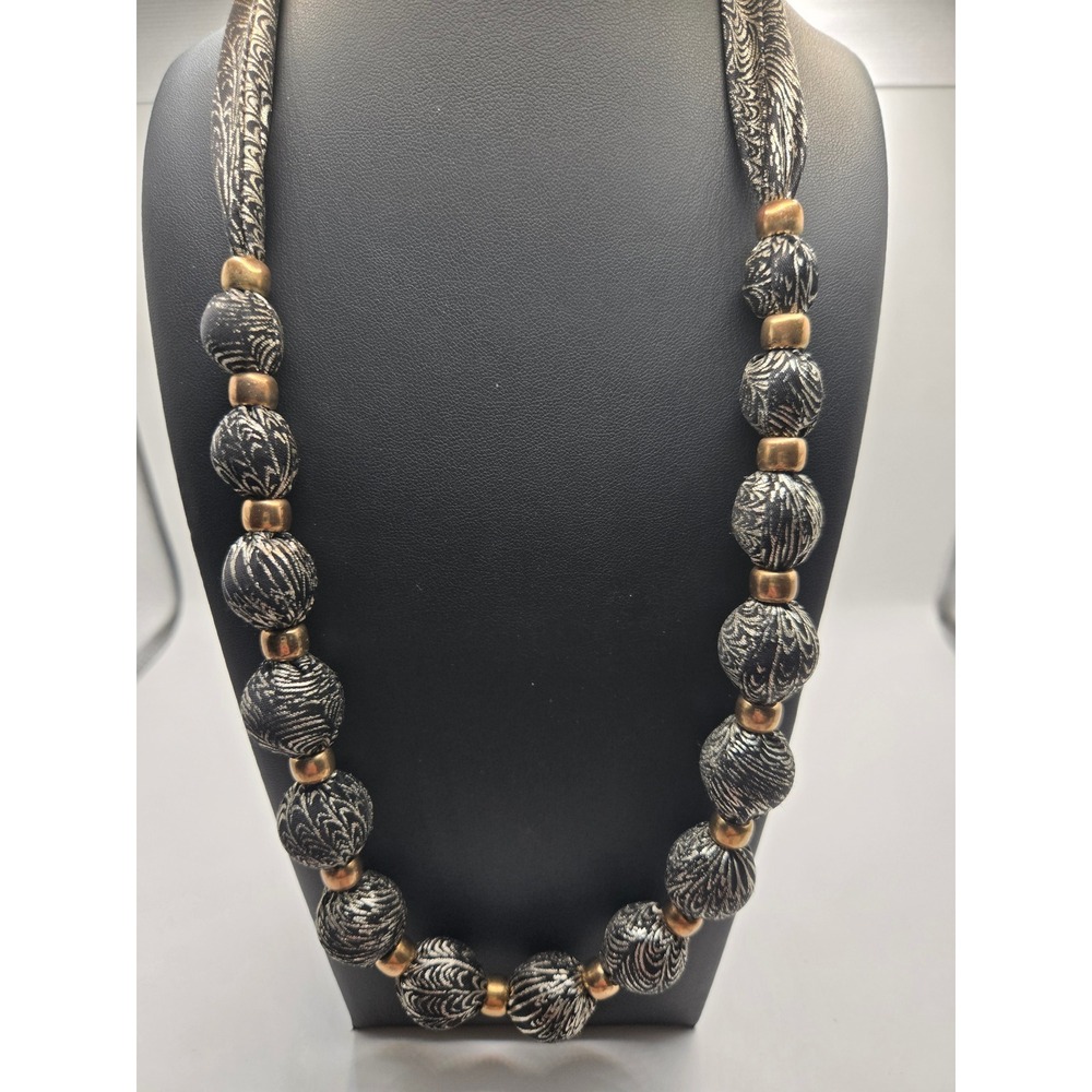 Black Silver Fabric Wrapped Bead Necklace Gold Tone Spacers Ribbon Tie Closure